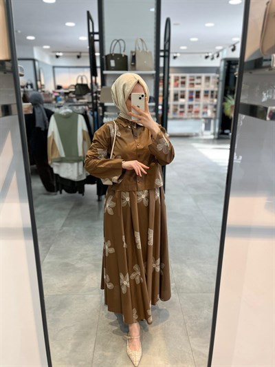 Nihan Beli Büzgülü Nakışlı Cotton Etek - Camel