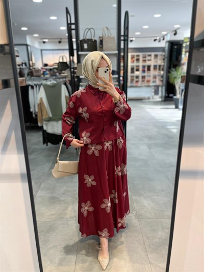 Nihan Beli Büzgülü Nakışlı Cotton Etek - Bordo