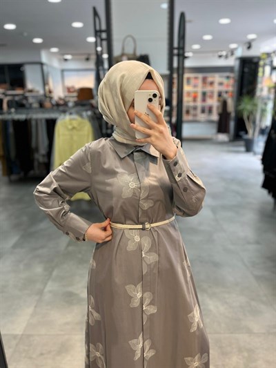 Nihan Beli Kordon Kemerli Pamuk Elbise - Gri