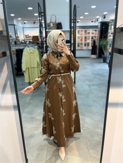 Nihan Beli Kordon Kemerli Pamuk Elbise - Camel