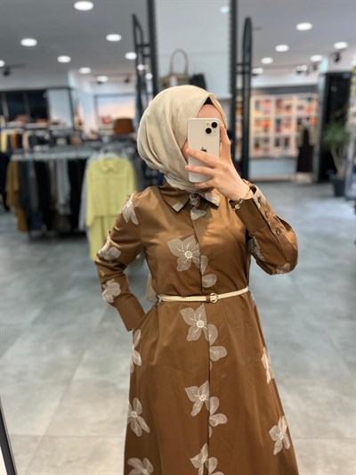 Nihan Beli Kordon Kemerli Pamuk Elbise - Camel