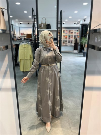 Nihan Beli Kordon Kemerli Pamuk Elbise - Gri