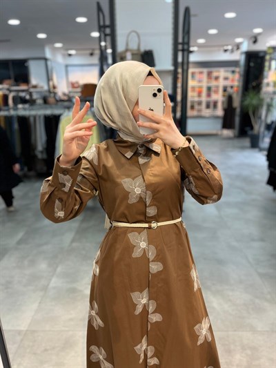 Nihan Beli Kordon Kemerli Pamuk Elbise - Camel