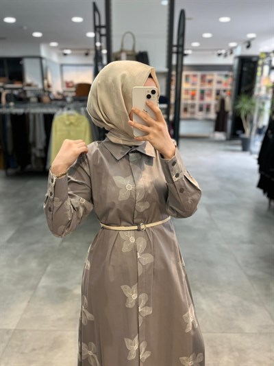 Nihan Beli Kordon Kemerli Pamuk Elbise - Gri