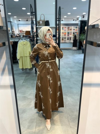Nihan Beli Kordon Kemerli Pamuk Elbise - Camel