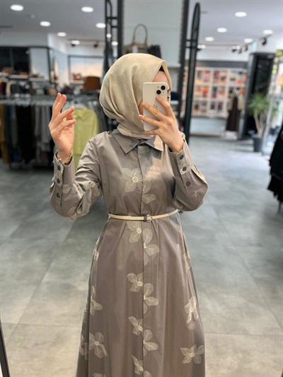 Nihan Beli Kordon Kemerli Pamuk Elbise - Gri