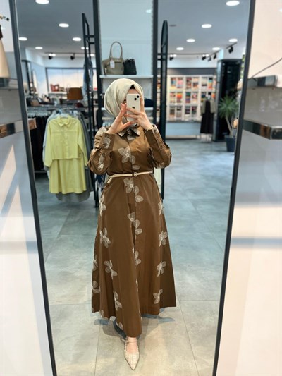 Nihan Beli Kordon Kemerli Pamuk Elbise - Camel