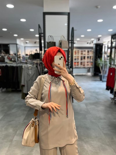 Nihan Çift Bağcıklı Modal Pantolon Tunik Takım - Taş