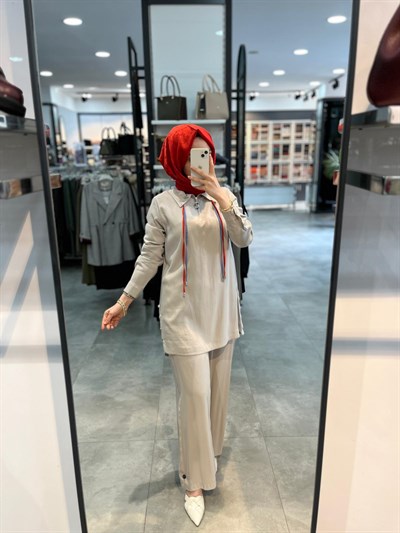 Nihan Çift Bağcıklı Modal Pantolon Tunik Takım - Taş