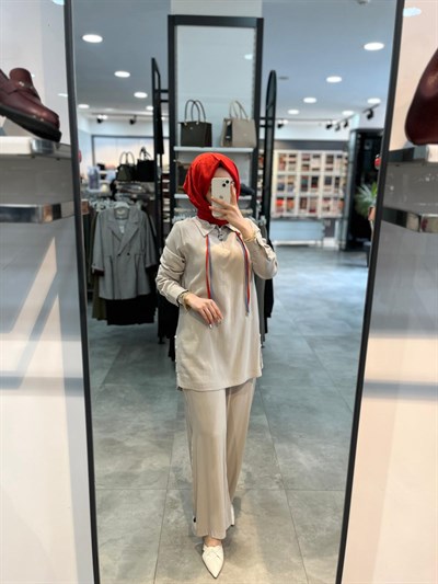 Nihan Çift Bağcıklı Modal Pantolon Tunik Takım - Taş