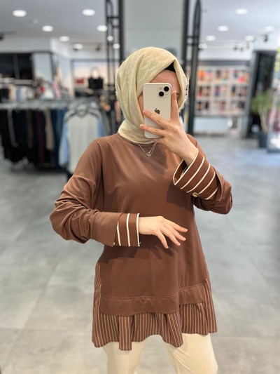 Nihan Çizgi Kumaş Kombinli Örme Rayon Karışımlı Tunik - Kahve