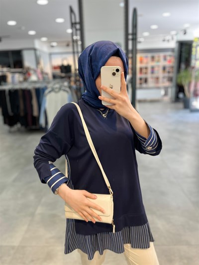 Nihan Çizgi Kumaş Kombinli Örme Rayon Karışımlı Tunik - Lacivert