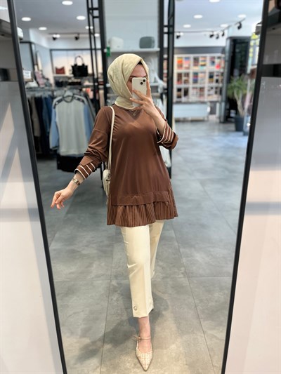 Nihan Çizgi Kumaş Kombinli Örme Rayon Karışımlı Tunik - Kahve