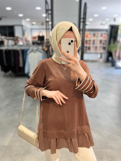 Nihan Çizgi Kumaş Kombinli Örme Rayon Karışımlı Tunik - Kahve