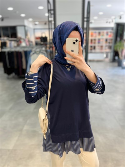 Nihan Çizgi Kumaş Kombinli Örme Rayon Karışımlı Tunik - Lacivert