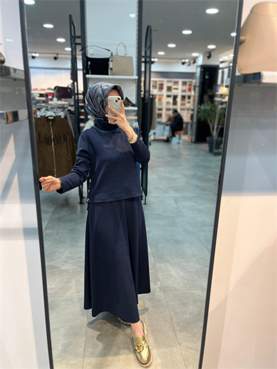 Nihan Cupra Süet Etek Bluz Takım - Lacivert