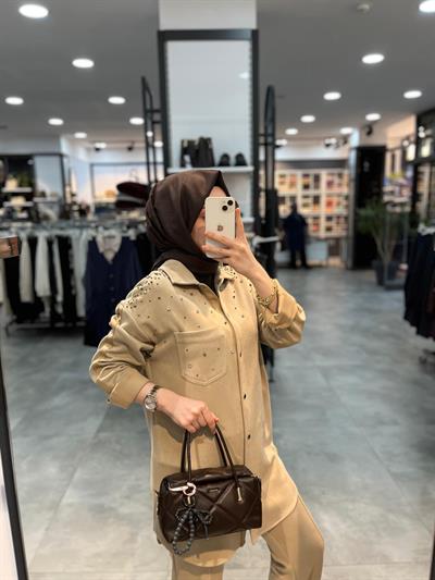 Nihan Cupra Süet Pantolon Tunik Takım - Bej