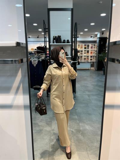 Nihan Cupra Süet Pantolon Tunik Takım - Bej