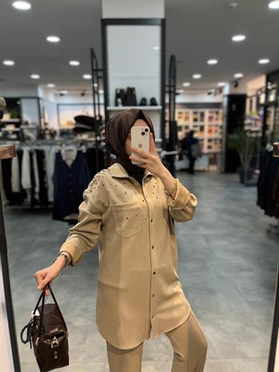 Nihan Cupra Süet Pantolon Tunik Takım - Bej