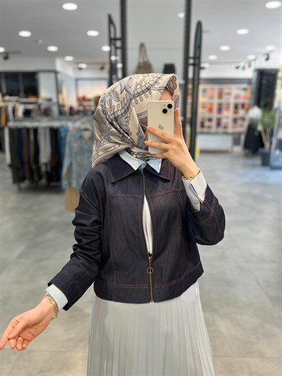 Nihan Dikiş Detaylı Denim Görünümlü Rayon Ceket - İndigo