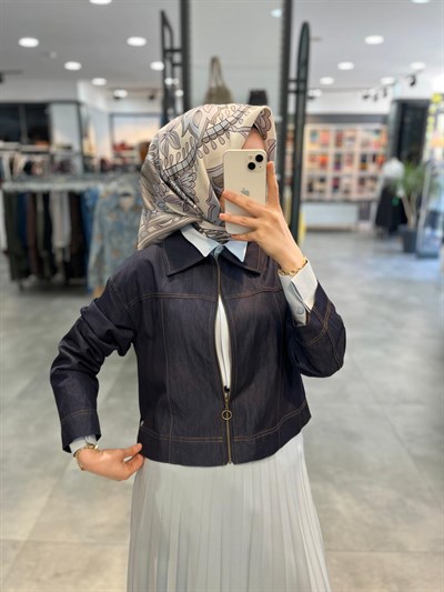 Nihan Dikiş Detaylı Denim Görünümlü Rayon Ceket - İndigo