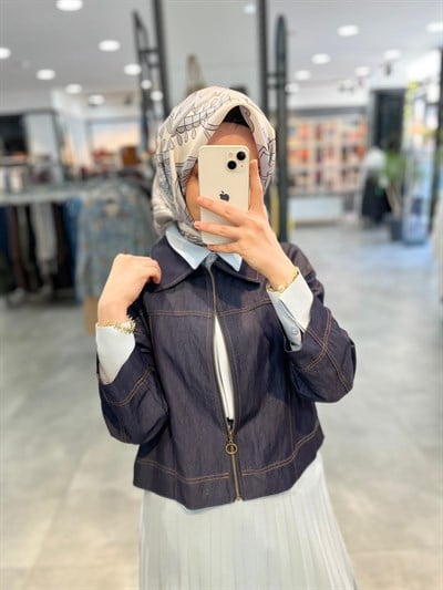 Nihan Dikiş Detaylı Denim Görünümlü Rayon Ceket - İndigo