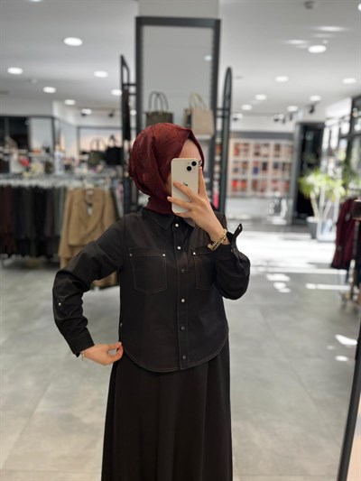 Nihan Dikiş Detaylı Kanvas Etek Gömlek Takım - Siyah