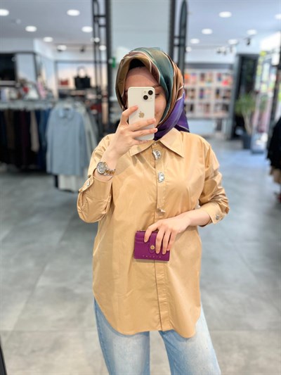 Nihan Düğme Detaylı Pamuk Tunik - Camel