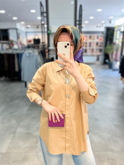 Nihan Düğme Detaylı Pamuk Tunik - Camel