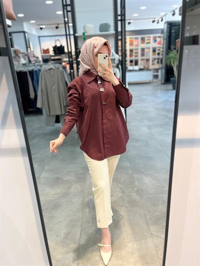 Nihan Düğme Detaylı Pamuk Tunik - Mürdüm