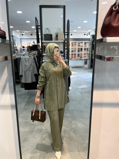 Nihan File Ve Taş Aksesuarlı Rayon Pantolon Tunik Takım - Haki