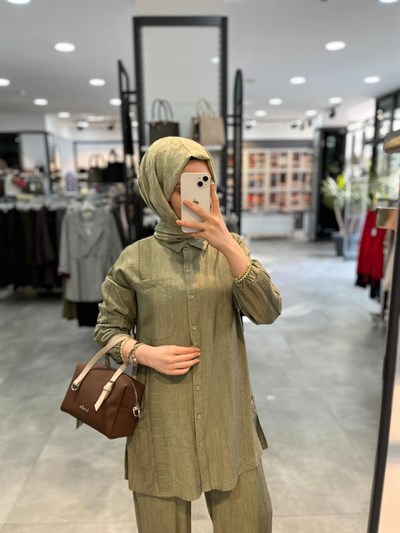 Nihan File Ve Taş Aksesuarlı Rayon Pantolon Tunik Takım - Haki