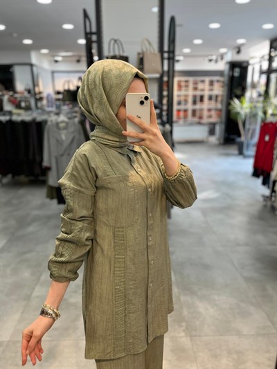 Nihan File Ve Taş Aksesuarlı Rayon Pantolon Tunik Takım - Haki