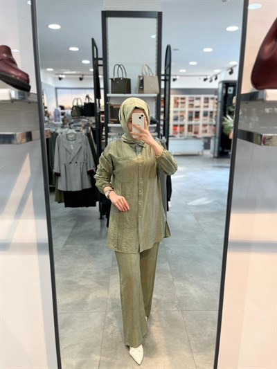Nihan File Ve Taş Aksesuarlı Rayon Pantolon Tunik Takım - Haki