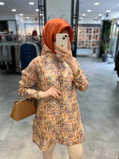 Nihan Gömlek Yaka Desenli Tunik - Somon