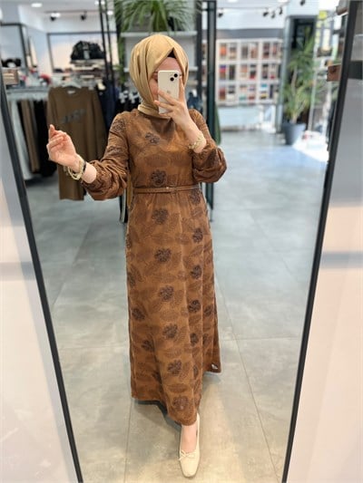 Nihan Hakim Yaka Brode Nakışlı Spor Şık Elbise - Taba