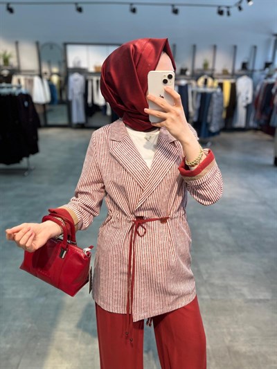 Nihan Keten Pantolon Ceket Takım - Bordo