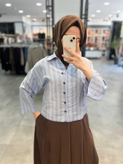 Nihan Kombinli Etek Gömlek Viskon Takım - Açık Mavi