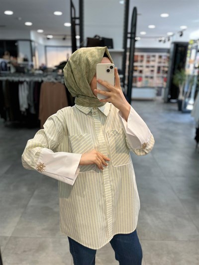Nihan Manşet Detaylı Çizgili Pamuk Gömlek - Sarı