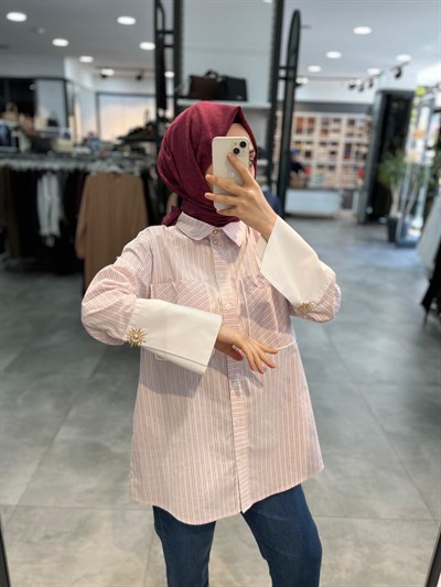 Nihan Manşet Detaylı Çizgili Pamuk Gömlek - Pembe