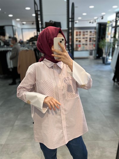 Nihan Manşet Detaylı Çizgili Pamuk Gömlek - Pembe