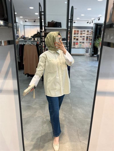 Nihan Manşet Detaylı Çizgili Pamuk Gömlek - Sarı