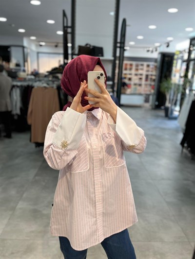 Nihan Manşet Detaylı Çizgili Pamuk Gömlek - Pembe