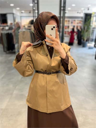 Nihan Patlı Deri Kenarlı Basic Trençkot - Olive