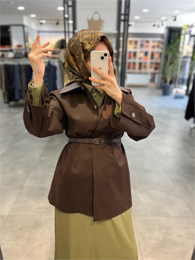 Nihan Patlı Deri Kenarlı Basic Trençkot - Kahve