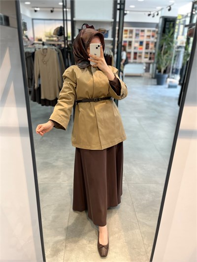 Nihan Patlı Deri Kenarlı Basic Trençkot - Olive