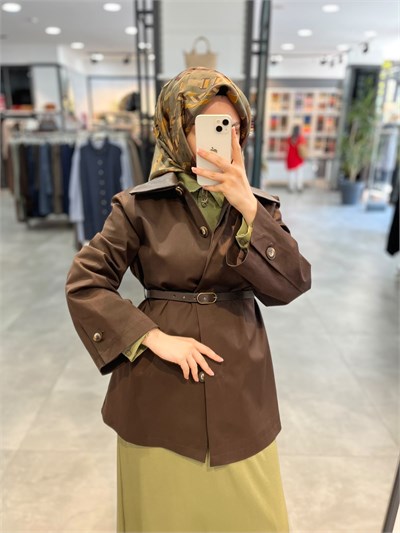 Nihan Patlı Deri Kenarlı Basic Trençkot - Kahve