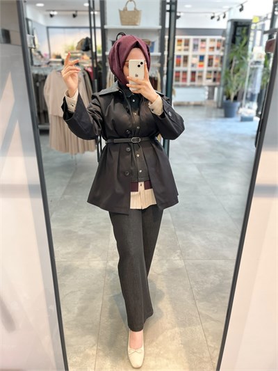 Nihan Patlı Deri Kenarlı Basic Trençkot - Siyah