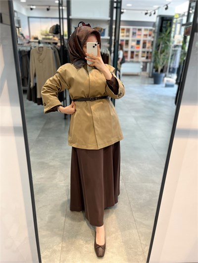Nihan Patlı Deri Kenarlı Basic Trençkot - Olive