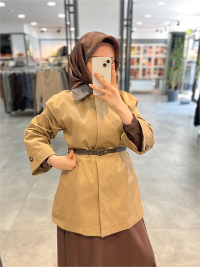 Nihan Patlı Deri Kenarlı Basic Trençkot - Olive